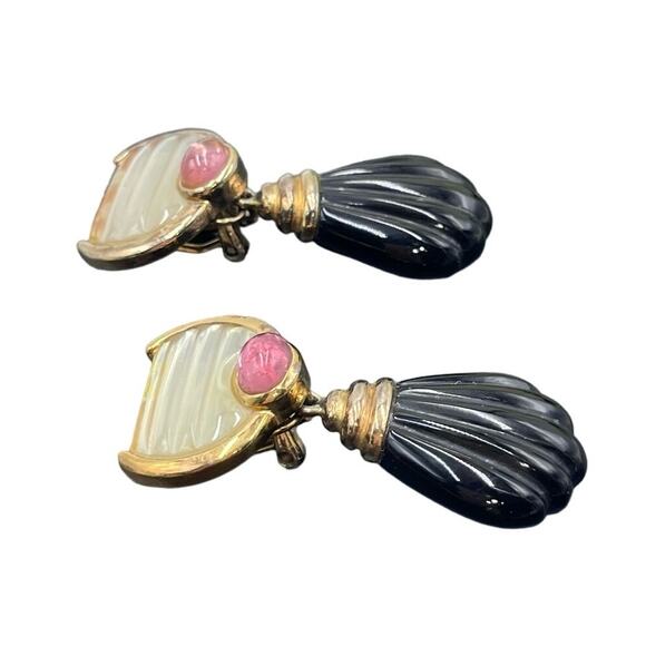 Kylo Vintage Sterling Silver Vermeil Obsidian Garnet Gem Clip On Runway Earrings - Picture 2 of 16